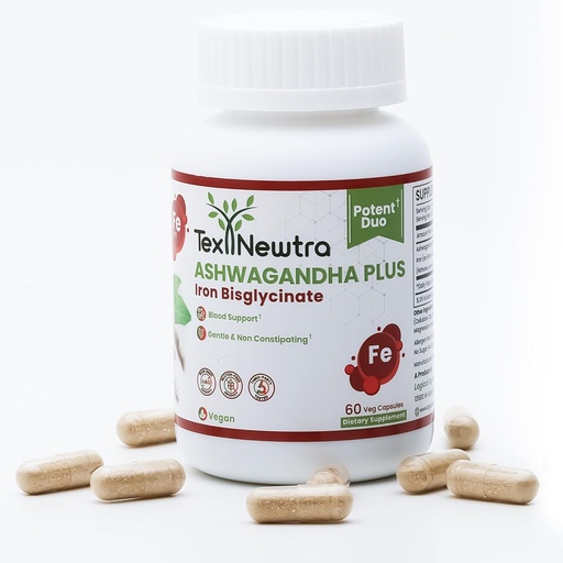 [BRSRA2T2O56BQHLG] Ashwagandha with Iron Bisglycinate - 300mg & Bioavailable Iron 10mg - 60 Capsules