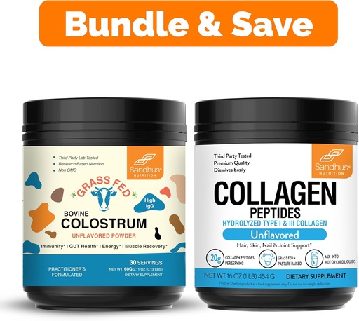 [BRSRA2Q5CMMQAC3Z] Sandhu's Pure Bovine Colostrum Powder Supplement for Humans & Collagen Peptides Powder| Immune, Hair, Skin, Nail and Joint Health Support| Non-GMO