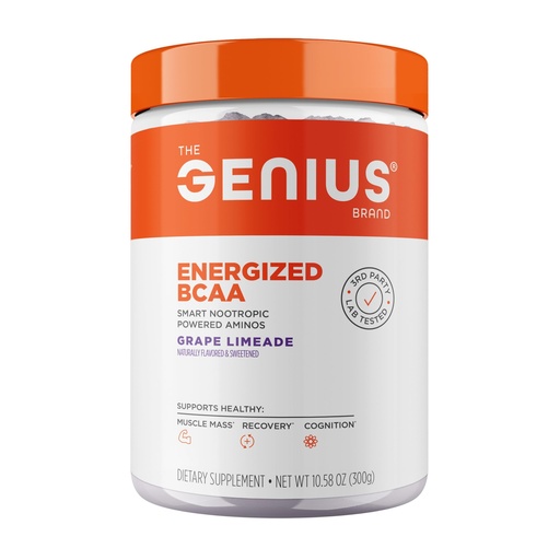 [BRSWGFAEBMFQI3LU] Genius BCAA Powder - 5g Vegan BCAAs L-Glutamine, Cognizin & Rhodiola Muscle Recovery Energy Support 100mg Caffeine Pre, Intra, Post-Workout Nootropic Supplement for Focus & Performance - Grape Limeade