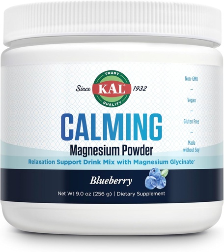 [BRSROGL2BYCWMFLL] KAL Calming Magnesium Powder - Mustikka Maku Magnesium Supplement - Korkea Imeytyminen, Rentoutus Tuki, Ei lisättyä sokeria, Vegaani, Gluteeniton, Valmistettu ilman soijaa - 40 tarjoilua, 9 oz