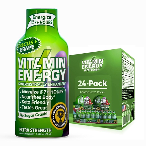 [BRSRAHAHB4CG2GTB] Vitamin Energy Focus+ Extra Strength Energy Shot Grape 24 Pack, 260mg Natural Caffeine, B-Vitamins, CoQ10, Amino Acids, Focus, Productivity & Clarity, Zero Sugar, Gluten-Free, 1.93 fl oz