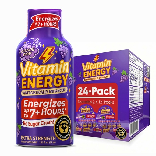 [BRSRAHAHB4CG2GTB] Vitamin Energy Grape Pop Extra Strength Energy Shot, 24 Pack - Up to 7 Hrs, 260mg Natural Caffeine, Zero Sugar - Green Tea Extract, Immune Support, B12 B6 Niacin, 1.93 fl oz, Keto Vegan