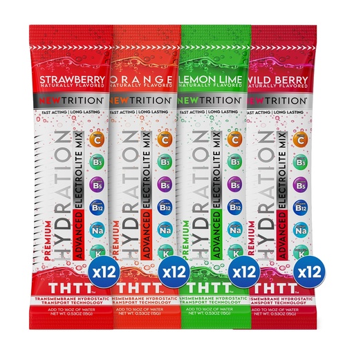 [BRSROFD6CMCGAFYU] NewTrition® Hydration Powder - Pack of 48 Electrolyte Powder Packets, Naturally Flavored Hydrating Packets for Water, Fast Acting Electrolytes with Vitamins, Lime, Strawberry, Orange, Wild Berry