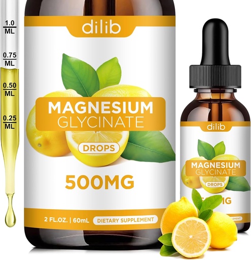 [BRSRAEIDOF5GMFLA] Magnesium Glycinate Supplement, Magnesium Glycinate Liquid Drops 500mg med calcium, zink, vitamin B6, D3, L- Theanin, Omega 3 til søvn, Mood, Stress Relief, Ben, Muskel, Lemon Flavor