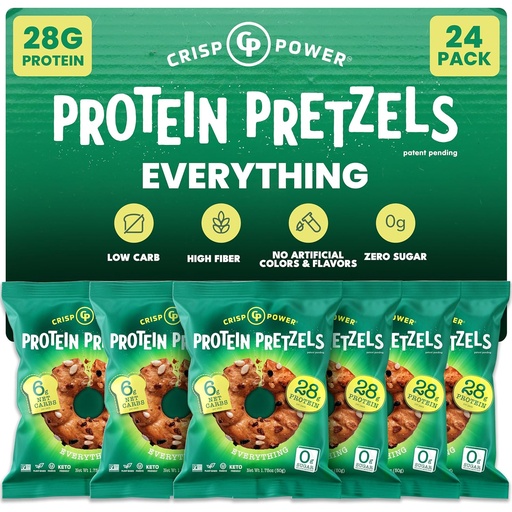 [BRSRAZLQAUHBMDTP] Crisp Power Protein Pretzels, Everything, High Protein Vegan Keto Snack, 28 G Plant Based Protein, Low Carb Crunchy Pretzel Snacks, Sugar Free, No Seed Oils, 1.75 oz Bags, 24 Pack