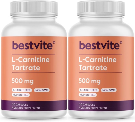 [BRSW2HQOAACQGYLB] BESTVITE L-karnitín Tartrate 500 mg v jednej kapsule (240 kapsúl) (120x2) - No Stearates - Non GMO - Gluten Free