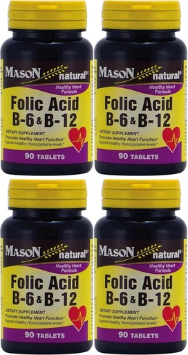 [BRSWIAQZBIEAKYL6] Mason Βιταμίνες Folic Acid B-6 & B12 Heart Health Formula 90 δισκία ανά συσκευασία φιάλης 4 Total 360 δισκία