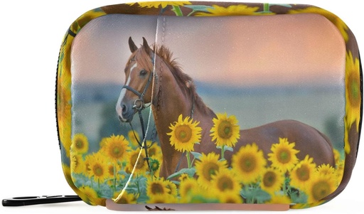 [BRSRMYLYBADWACTL] Sunflowers Field Horse Pill Organizer Case Floral Animals 7 Day Travel Pill Box with Zipper Portable Weekly Vitamin Medicine Supplement Holder Pouch Bag