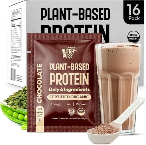 [BRSROA3QB4BAK2DX] Organic Vegan Protein Powder Sample Pack - Plant-Based Protein, Gluten-Free, Non GMO, 20g Protein Per Serving, Great for Smoothies & Shakes (Chocolate, Pack of 16)