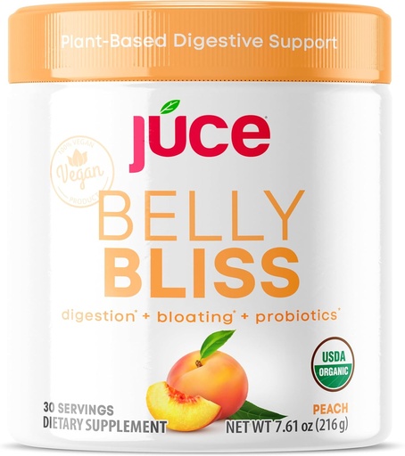 [BRSRAGDYBZYWE2TU] Júce Belly Bliss, Peachy Greens, 30 porciones, Probióticos + Verdes, Bloating Support with Plant-Based Digestive Enzymes, Dietary Supplement Powder - By Terra Kai Organics