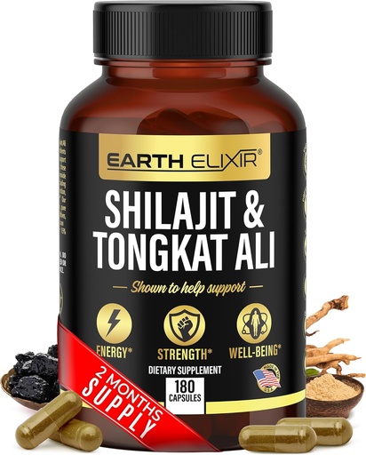 [BRSROZQNBF5GKCTX] Earth Elixir Shilajit 1000mg & Tongkat Ali 400mg (180 Capsules) Made in USA-Shilajit Supplement (20% Fulvic Acid) Shilajit Pure Himalayan Organic & Tongkat Ali for Men More Potent Than Shilajit Resin