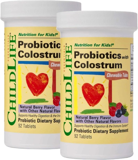 [BRSWIAA5CQPB4FTA] CHILDLIFE ESSENTIALS ChildBiotics with Colostrum- Probiotics for Kids, Probiotics for Digestive Health, Chewables, Children's Probiotics, Colostrum for Kids - Natural Berry, 92 Tablets (Pack of 2)