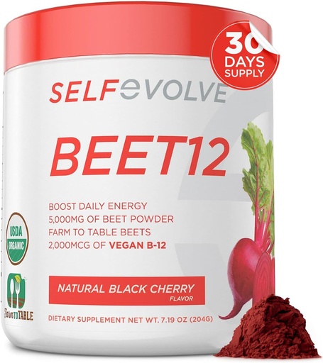 [BRSWYZYHPIGQ2DIU] selfevolve Beet12 - Organic Beet Root Powder Enhanced with Vitamin B12, Nitric Oxide Booster, Beet Juice Powder Support Natural Energy, Beet Powder with Black Cherry Flavor, 30 Servings