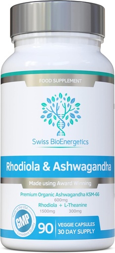 [BRSW2HYFOJ6RMCTZ] Rhodiola & Ashwagandha z L-Theanine - Nagrade Winning Ashwagandha KSM-66 600mg & 1500mg Rhodiola (3% Rosavins - 1% Salidrozides) celoten koren ekvivalent- adaptogeni combo- Brez umetnih polnil