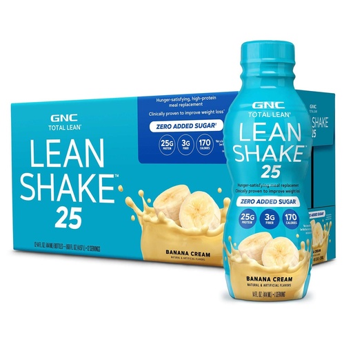 [BRSRMAQQDN7REAI7] GNC Lean Shake 25 proteïneshake, klinisch bewezen gewichtsmanagement, Maaltijdvervanging, 25g eiwit met nul toegevoegde suiker, klaar om te drinken, bananencrème, verpakking van 12