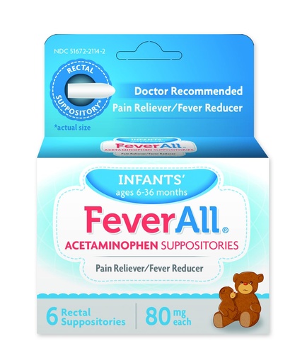 [BRSWIA3QAEAWEFQ7] Feverall Infant Acetaminophen Suppositories 6 Rectal Suppositories 80mg Each Pain Reliever/Fever Reducer. Paraben Free, No Artificial Colors or Other preservatives. Ages 6-36 Months