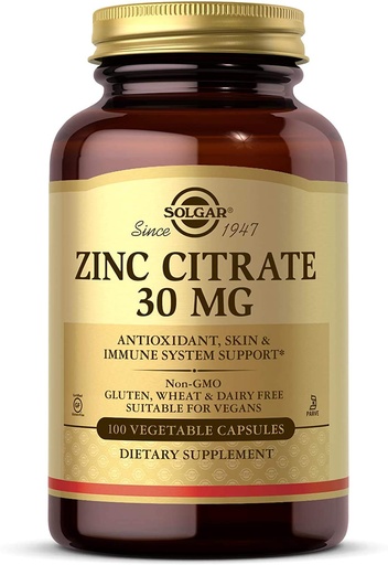 [BRSWIY3YAUOWCHT6] Solgar Zinc Citrate Vegetable Capsules, 100 Count, Non-GMO, Gluten Free, and Kosher, Supports Immune System Health, Healthy Skin and Eyes, Normal Taste and Vision