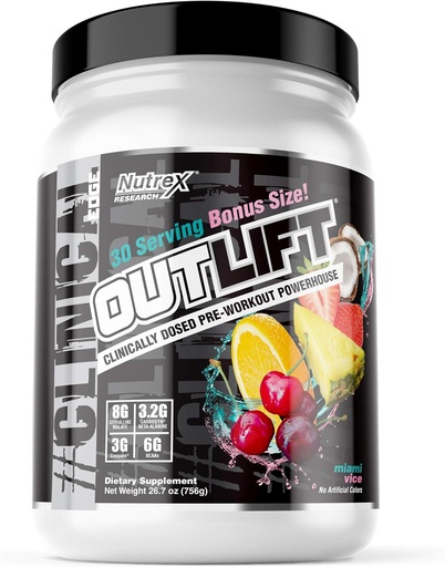 [BRSWGFQ3AEOWAE3F] Nutrex Outlift Clinically Dosed Pre Workout Powder with Creatine, Citrulline, BCAA, Beta Alanine, Caffeine | Energy, Power, Pump Preworkout Supplement | Miami Vice 30 Serving