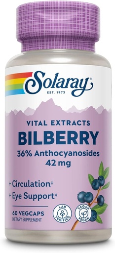 [BRSWIYQTPMIAEHLI] SOLARAY Bilberry Berry Extract 42 mg, Eye Health & Circulation Support, with 36% Anthocyanosides, Vegan, 60 VegCaps