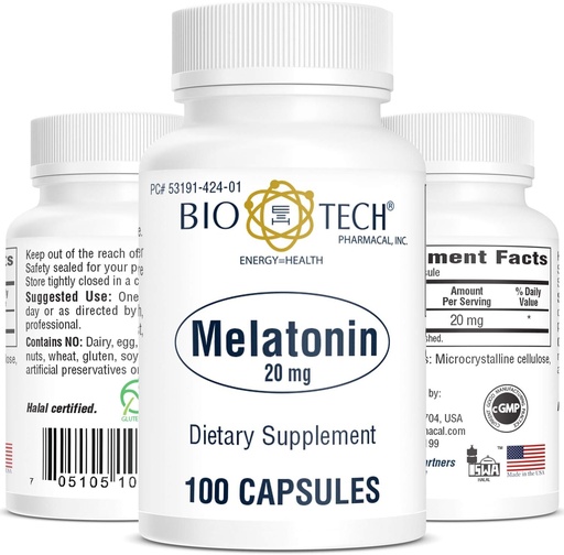 [BRSWIEI2O4FQK2LI] Bio-Tech Pharmacal Melatonin (20mg, 100 Capsules)