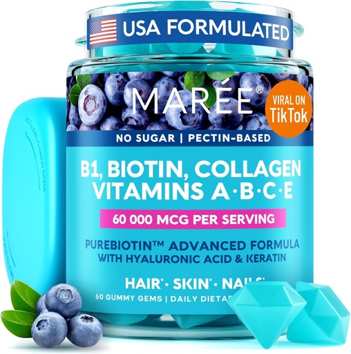 [BRSROBDYOUGWA23J] MAREE Vitamin B1 Thiamine & B7 Biotin Gummies - A E D C Vitamins Complex with Keratin, Collagen, Hyaluronic & Pantothenic Acid for Skin, Nails & Hair