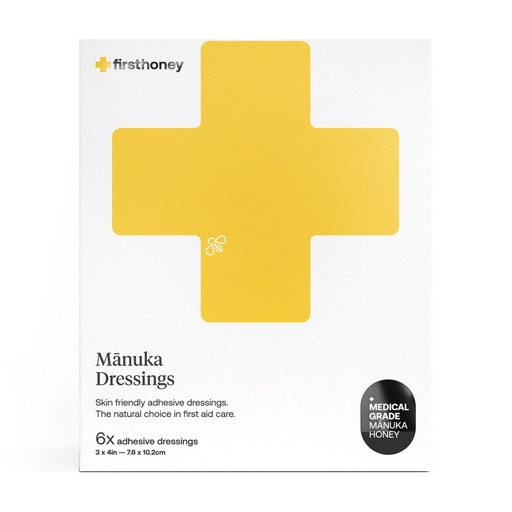[BRSWGFLQCV6GKHI6] First Honey Manuka Honey Adhesive Bandages 6 Pack | Latex Free, Antibiotic Free Wound Dressing | Medical Grade Honey Adhesive Pads | First Aid Care Burns, Cuts, Scrapes, Wounds, Lacerations