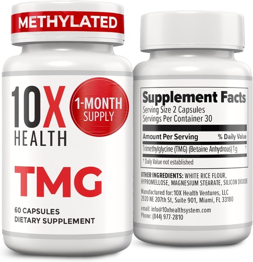 [BRSRAZY3CEHBE2D4] 10X Health TMG Supplements - Trimethylglycine Supplement for Liver Support, Heart Wellness, Energy, Homocysteine Levels - TMG Capsules with Betaine Anhydrous - Non-GMO & Gluten-Free - 60 Capsules
