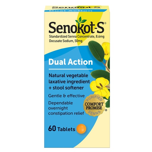 [BRSWIYQABYCQOCDG] Senokot-S Dual Action 60 Tablets, Natural Vegetable Laxative Ingredient Plus Stool Softener Tablets, Gentle Dependable Overnight Relief of Occasional constipation White