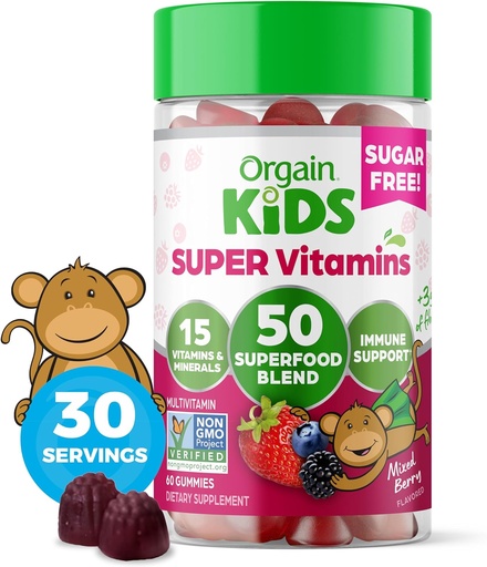 [BRSROFL3BF7GMCY7] Orgain Kids Sugar Free Multivitamin Gummies, Vegan & Plant Based, 50 Superfoods, 15 Vitamins and Minerals, Immune Support and 3g of Fiber, Mixed Berry, Ages 4+, 1 Month Supply (60 Gummies)