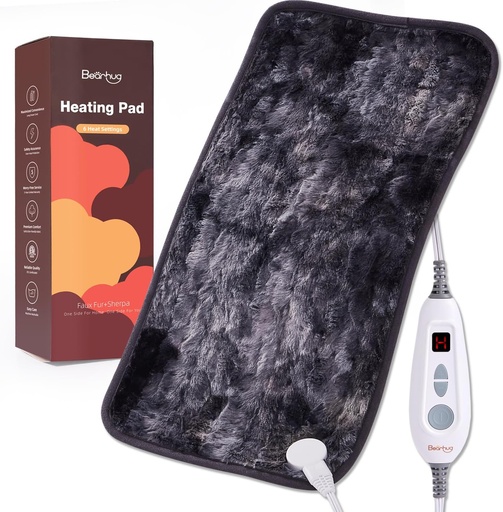 [BRSROAAYCQFQIALV] Bearhug Electric Heating Pad 12''x24'' Double-Sided Faux Fur Heated Pad, 6 Heat Levels, 2H Auto-Off, Moist & Dry Heat Therapy for Back Pain Relief, Machine Washable, ETL Certified - Gift Box
