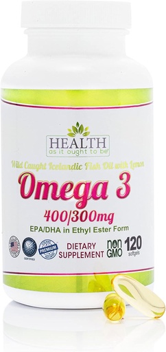 [BRSWGAQDAF7RGH3F] Health As It Ought To Be Omega 3 400/300 mg Supplement | Physician Formulated EPA/DHA in Ethyl Ester Form Wild Caught Icelandic Fish Oil with Lemon | 120 Capsules