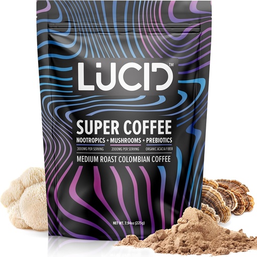 [BRSRAFQQPIHBAF34] Lucid Superfood Organic Mushroom Coffee with Nootropics - Lion's Mane, Tremella, Cordyceps & Turkey Tail - Instant Mushroom Coffee Focus Brain Health - Alpha GPC, L-Theanine, Ginko Biloba - USA Made