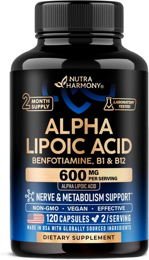 [BRSRAZT6BN4GKYA3] Alpha Lipoic Acid 600mg - ALA 补充Nerve的抗氧化剂,能量和代谢支持 - 外加Benfotiamine, B1 & B12 - 实验室测试,N-GMO & Vegan - 120 Capsules, 2个月供应量