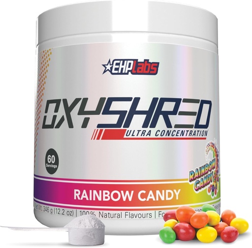 [BRSW2ZYDAFYR423V] EHP Labs OxyShred Pre Workout Powder - Polvere pre-allenamento con L Glutamine & Acetyl L Carnitina, Energy Boost Drink - Rainbow Candy, 60 Servings