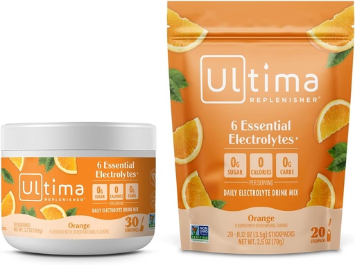[BRSROHAYOYNGGYDK] Ultima Replenisher Electrolyte Toz İçki Mix Paket - Sugar Free - Orange, 30 Baxış Canister və 20 Stickpacks - 6 Electrolytes və Minerals - Keto Dostu, Vegan, Non-GMO