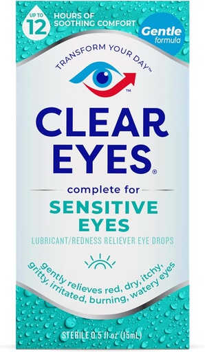 [BRSRMCT3OQCA2ADA] Clear Eyes Sensitive Eyes Eye Drops – Gentle Relief for Red, Itchy, Dry Eyes, 12 Hours of Soothing Comfort, 0.5 Fl Oz
