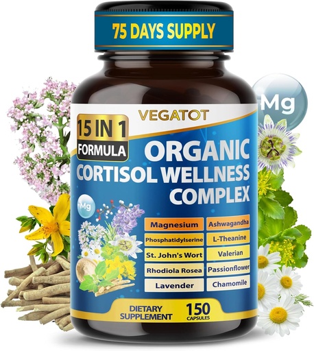 [BRSRA2YPAUCBEDI4] VEGATOT Organic Cortisol Wellness Complex 15-in-1 Formula with Magnesium Ashwagandha St. John's Wort Valerian Rhodiola Rosea Passionflower Chamomile
