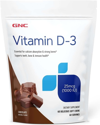 [BRSWIAL7A57Q4EI5] GNC Vitamin D-3 Soft Chews 1000IU - Chocolate | Provides 125% of The Daily Value of Vitamin D | 60 Soft Chews