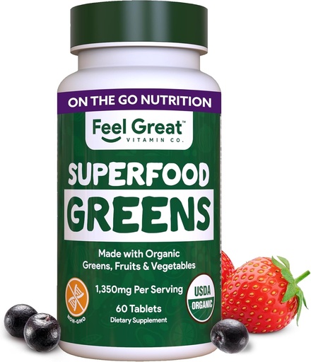 [BRSWGEIHCICWOYDA] Feel Great Vitamins Super Greens Tablets | Organic Greens, Fruits and Veggies Supplement | Fruit and Veggie Supplement with Kale, Spinach Extract, Green Onion, and More, 60 Tablets