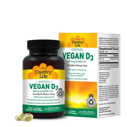 [BRSWIFALBUHAKFA7] Country Life Vegan D3 5000 IU – Plant-Derived Vitamin D3 from Lichen – Certified Vegan, Gluten-Free, Non-GMO – Clean, Simple Formula – 60 Softgels