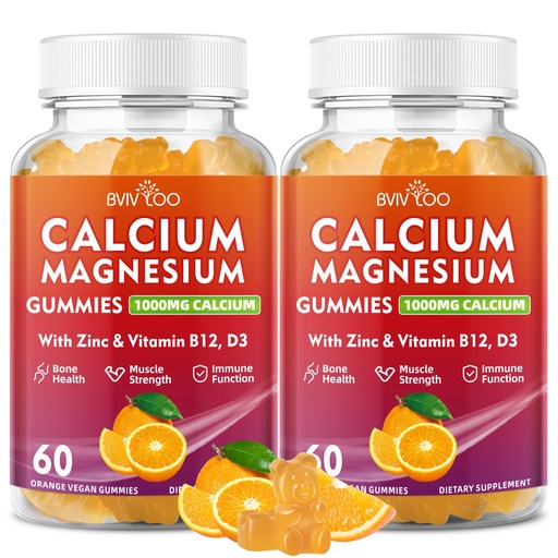 [BRSRAGQCAQBQKGTP] 2 Pack Calcium Gummies 1000mg with Vitamin D3 K2 & B Complex, Potassium, Calcium Magnesium Zinc Gummies for Bone, Muscle, Mood and Immunity - Orange Flavor 120 Gummies