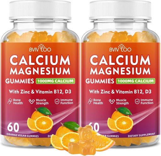 [BRSRAGQCAQBQKGTP] 2 Pack Calcium Gummies 1000mg with Vitamin D3 K2 & B Complex, Potassium, Calcium Magnesium Zinc Gummies for Bone, Muscle, Mood and Immunity - Orange Flavor 120 Gummies