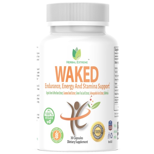 [BRSWYFQTCVYQOADF] Waked Endurance, Energy And Stamina Support 30 Capsules Organic Green Coffee Bean Extract, Guarana Seed Extract, Green Tea Leaf Extract, Ashwagandha Root Extract, and Black Pepper Extract as BioPerine