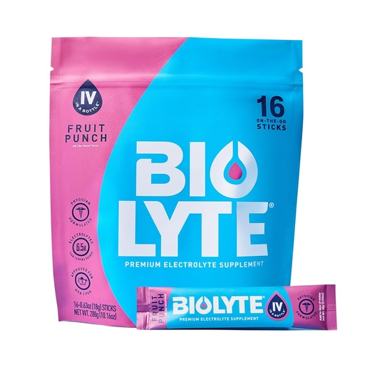 [BRSROCYHOYNBODT3] BIOLYTE IV Electrolyte Powder Packets, IV Liquid Drink Mix for Water, Doctor-Developed Hydration, HSA & FSA Approved Dehydration Relief, Chemotherapy Must Haves for Women, Men- Fruit Punch (16 Sticks)