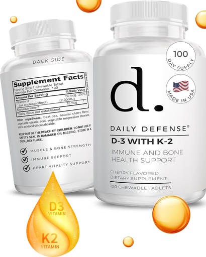 [BRSWKGARDJ6AG2I3] Immune Defense Supplements Vitamin D3 K2 2000IU for Heart Health, Daily Immune Support, Mental Clarity, & Muscle Function - 100 Chewable Tablets