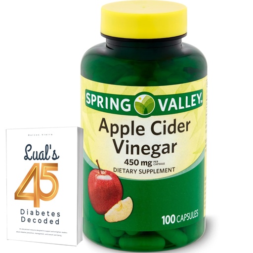 [BRSRMCAYC4ORYHTG] Apple Cider Vinegar 450mg. Spring Valley Apple Cider Vinegar Capsules 450 mg 100 Count, Non-GMO, Gluten Free Supplement Bundle with Luall's 45 Diabetes Decoded