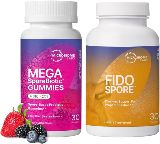 [BRSRAY3ROQNGA3LA] Microbiome Labs Kids & Pet Probiootiline Bundle - MegaSporeBiotic lastele + FidoSpore Spore-põhised probiootikumid koertele ja kassidele