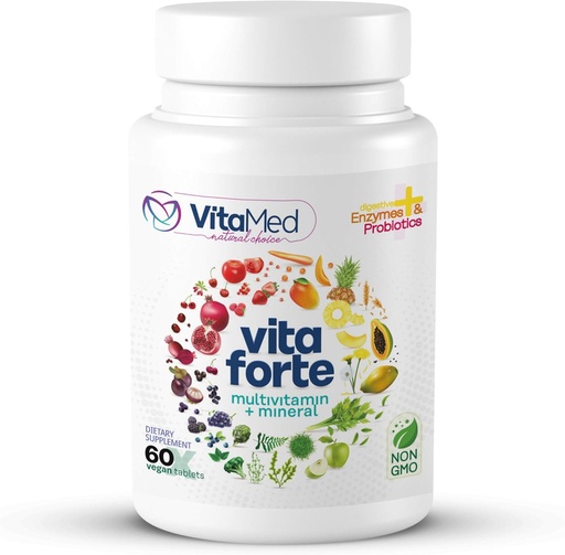 [BRSWGGAPAAFB4YDK] Vita Forte Vegan Multivitamin with Probiotics, Digestive Enzymes & 42 Fruits & Vegetables – Halal Certified, Non-GMO, Gluten-Free, Daily Energy & Immune Support – 60 Vegan Tablets