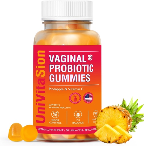 [BRSRAGT3OYPAA33O] UniVitaSion Vaginal Probiotics Gummies for Women, 50 Billion CFUs - PH Balance, Vaginal odor, Vaginal Flora, Yeast Infection Treatment for Women, Vitamin C for Immune health, Hawaiian Pineapple Flavor