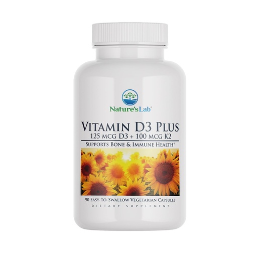 [BRSWYGABOUIAICQ2] Nature's Lab Vitamin D3 Plus - Contains Vitamins D3 and K2 (MK7) for Immune Support, Healthy Bones and Cardiovascular Health* - Gluten Free, Non GMO - 90 Capsules (3 Month Supply)